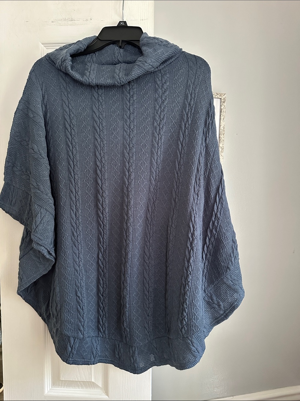 Cable-Knit Hooded Poncho Sweater in Dusty Blue One Size Fits Most New with tags